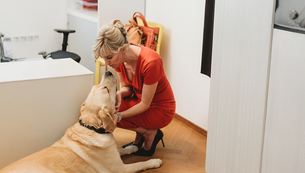 Katja Miereck mit ihrem Hund im Büro